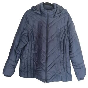 Xersion Puffer Jacket Womens 2X Blue Chevron Quilted Removable Hood Water Resist